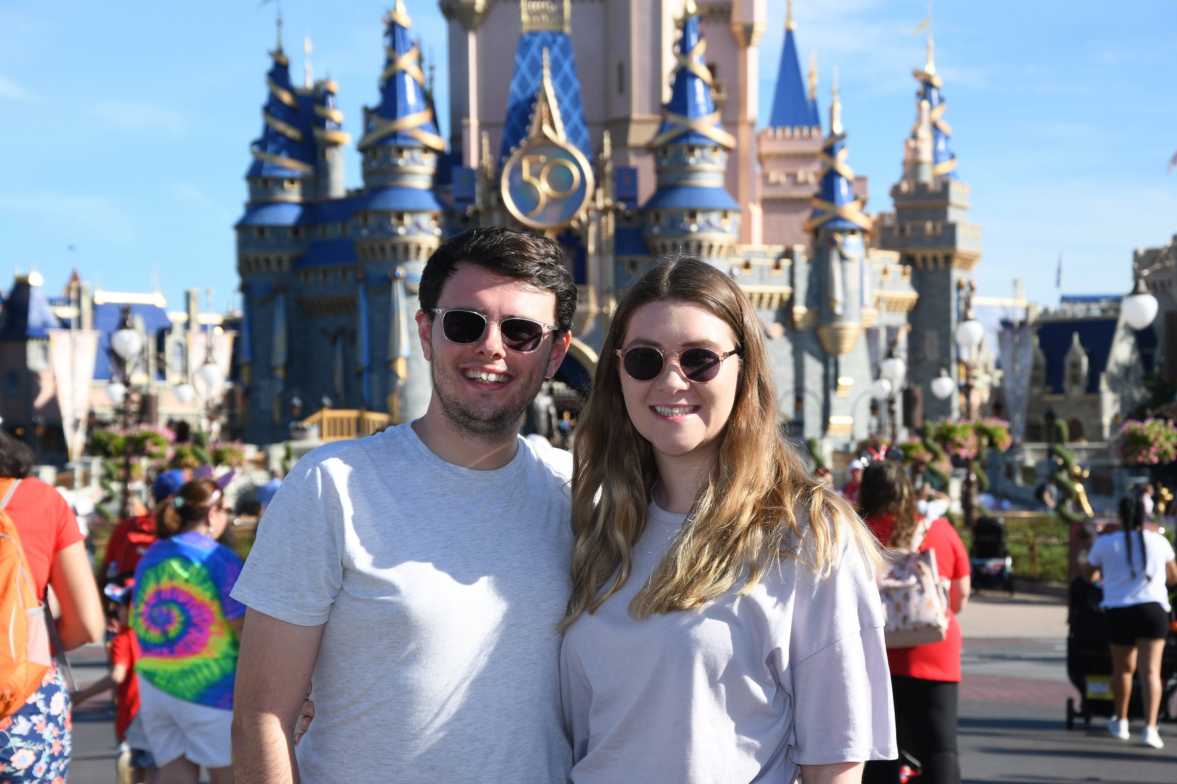 Cinderella Castle in its fiftieth-anniversary decorations.
