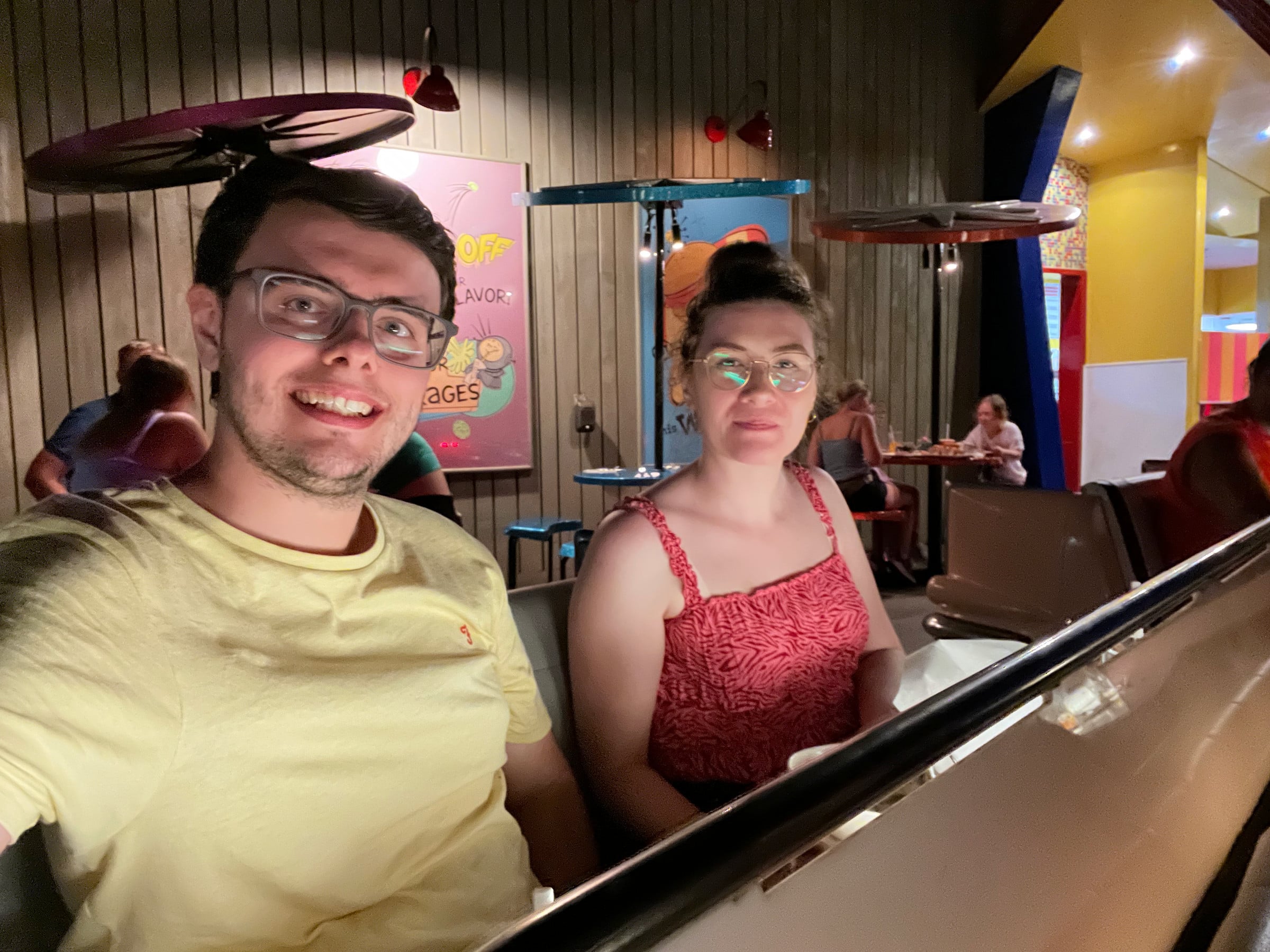 Dinner in our car at Sci-Fi Dine-In Theater.