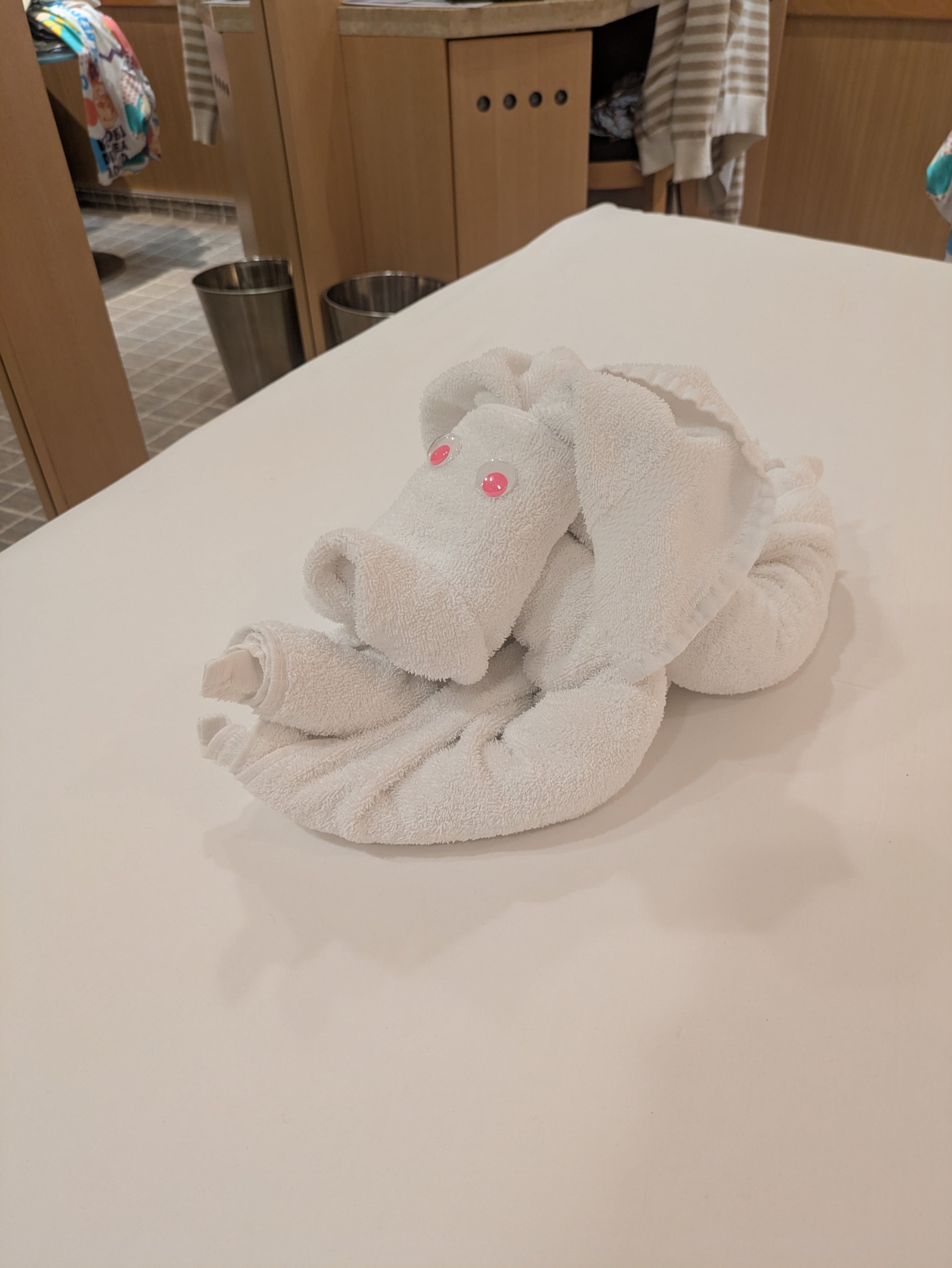 A towel elephant waiting in the cabin.