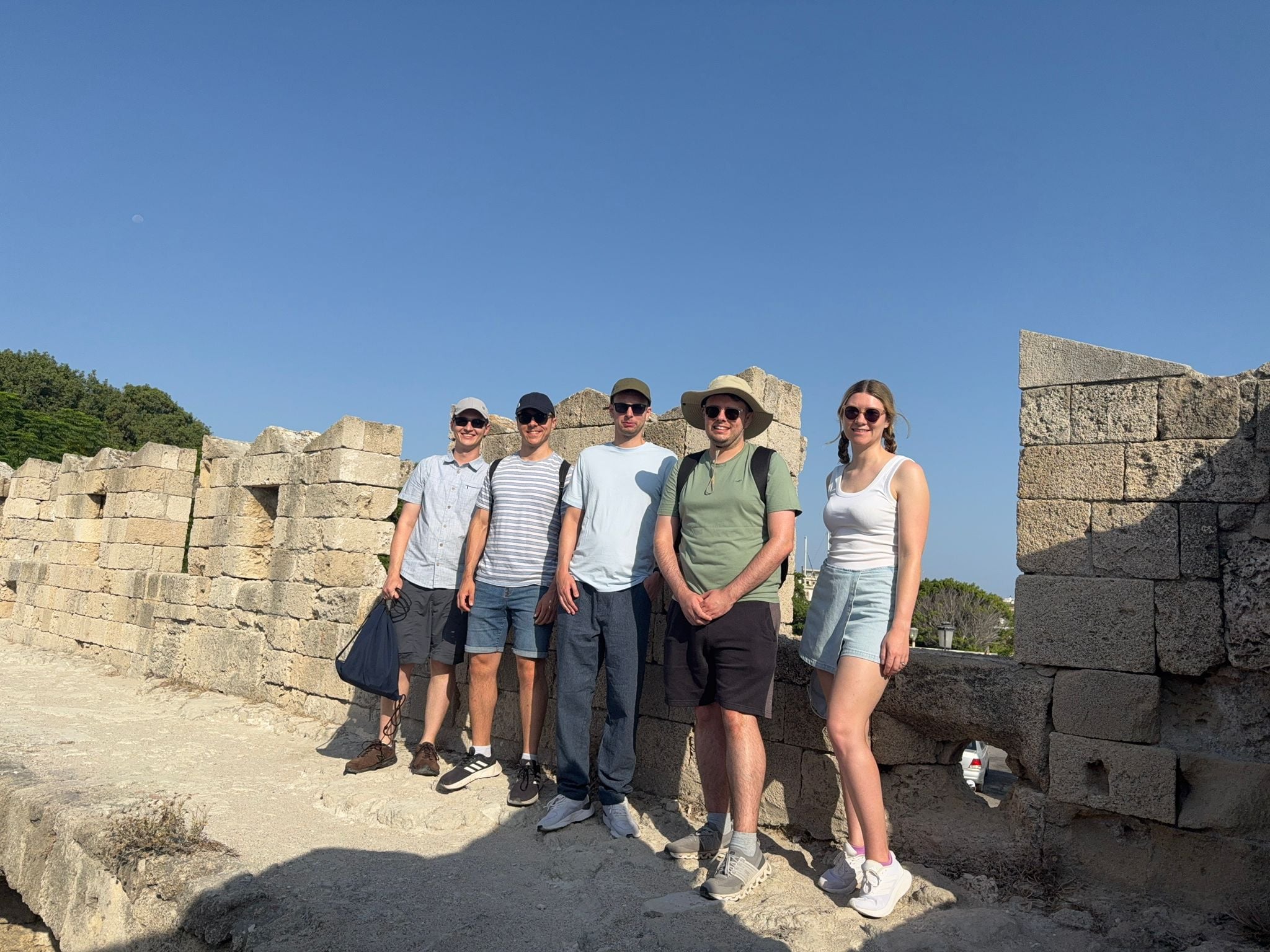 The five of us by the walls in Rhodes.