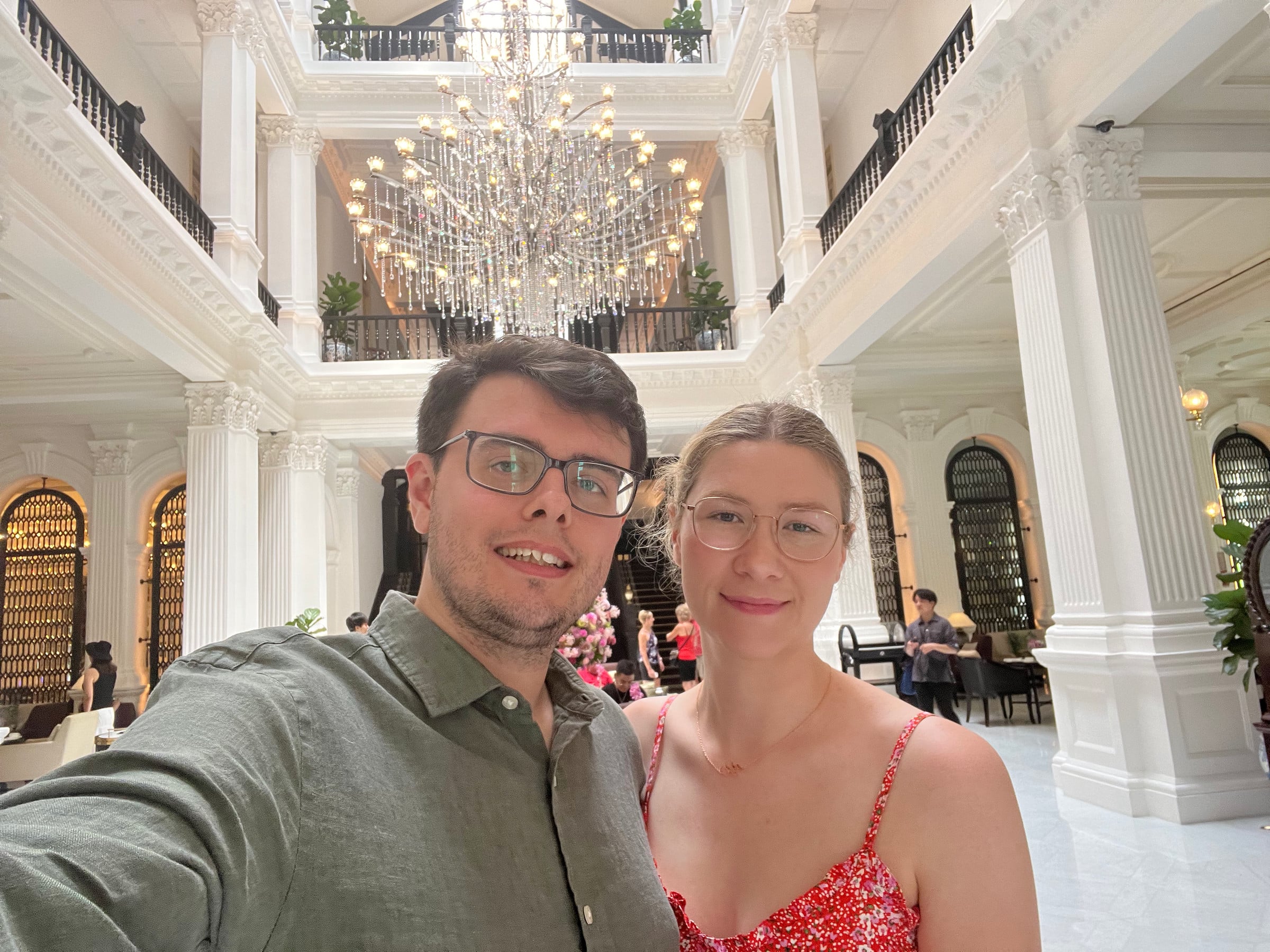 Dressed up for afternoon tea at Raffles.