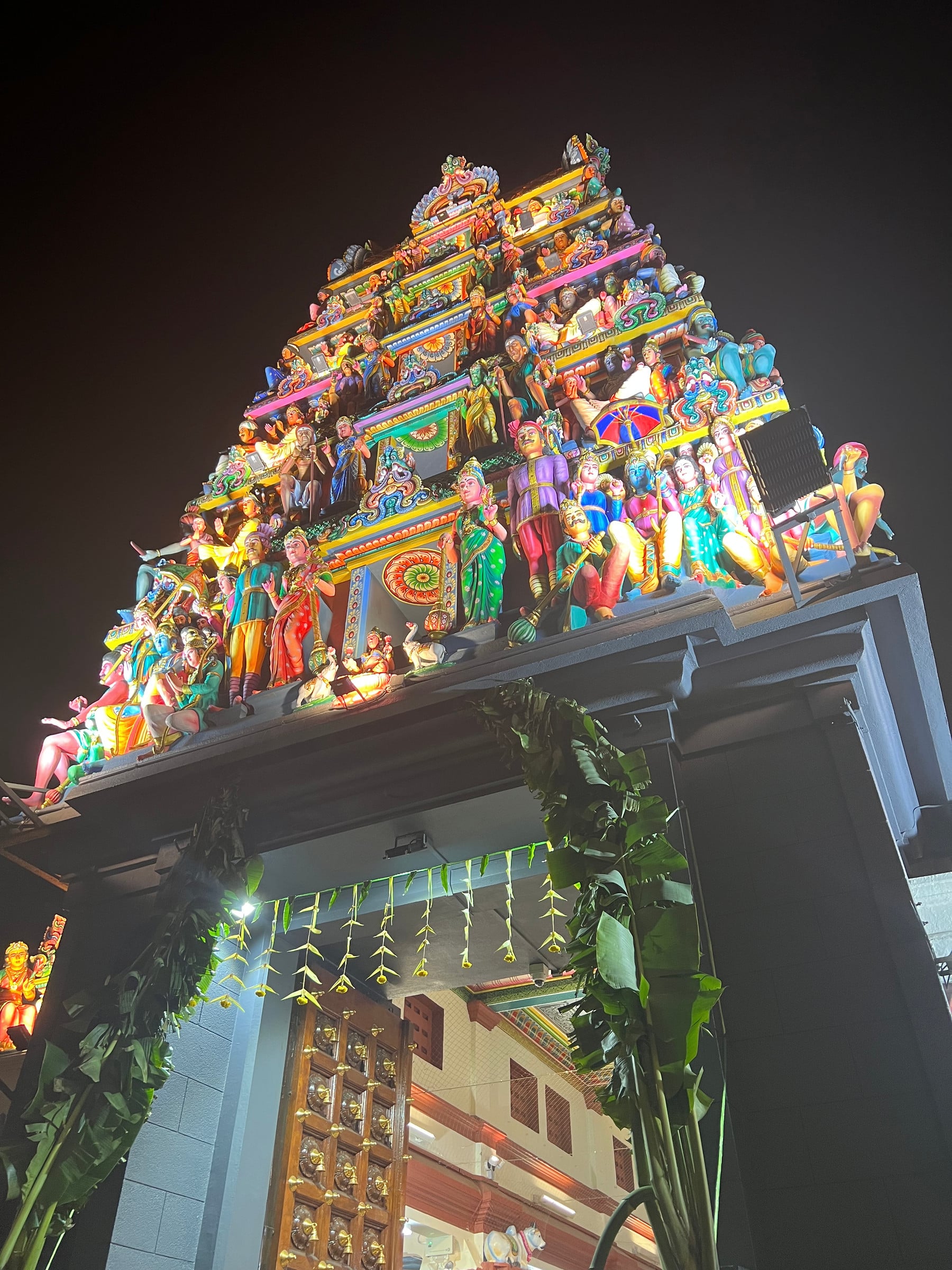 Looking up at Sri Mariamman Temple in Chinatown.