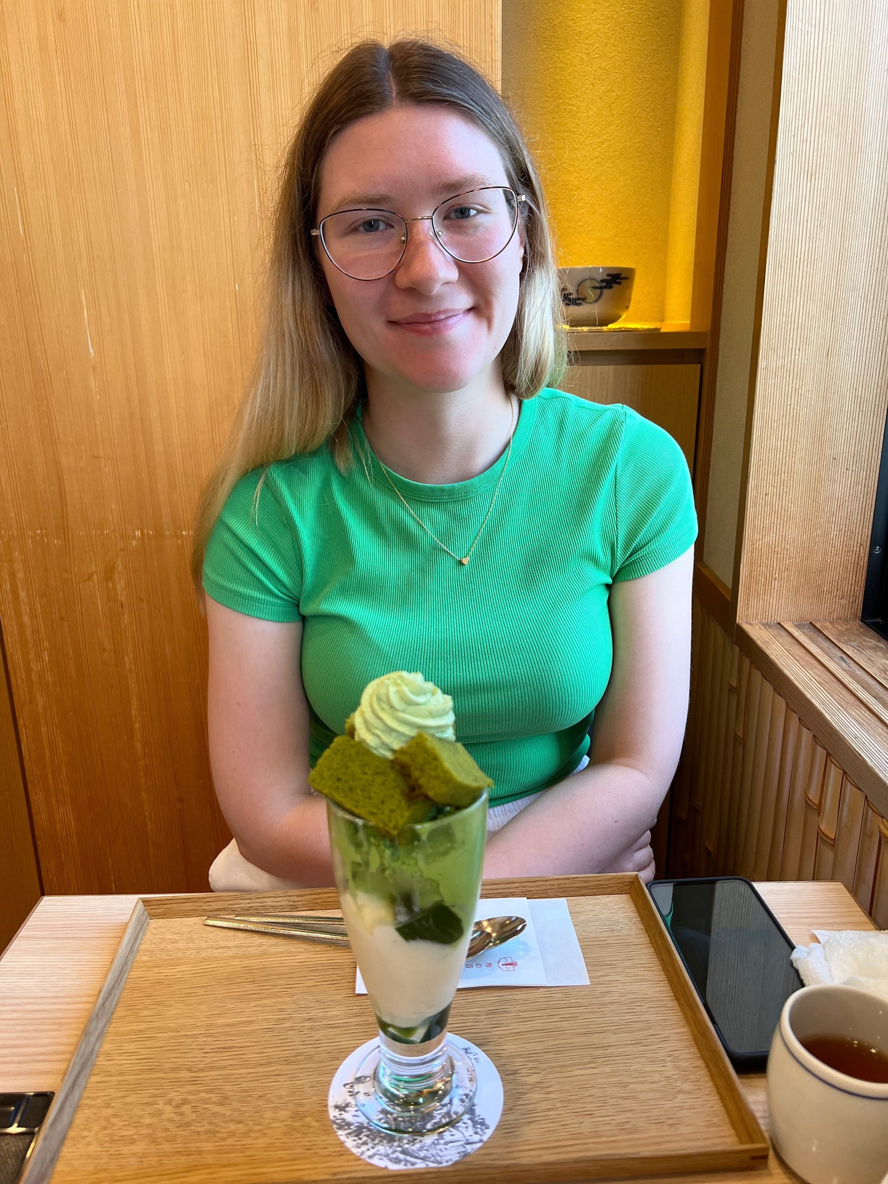 Lucy with her matcha dessert.