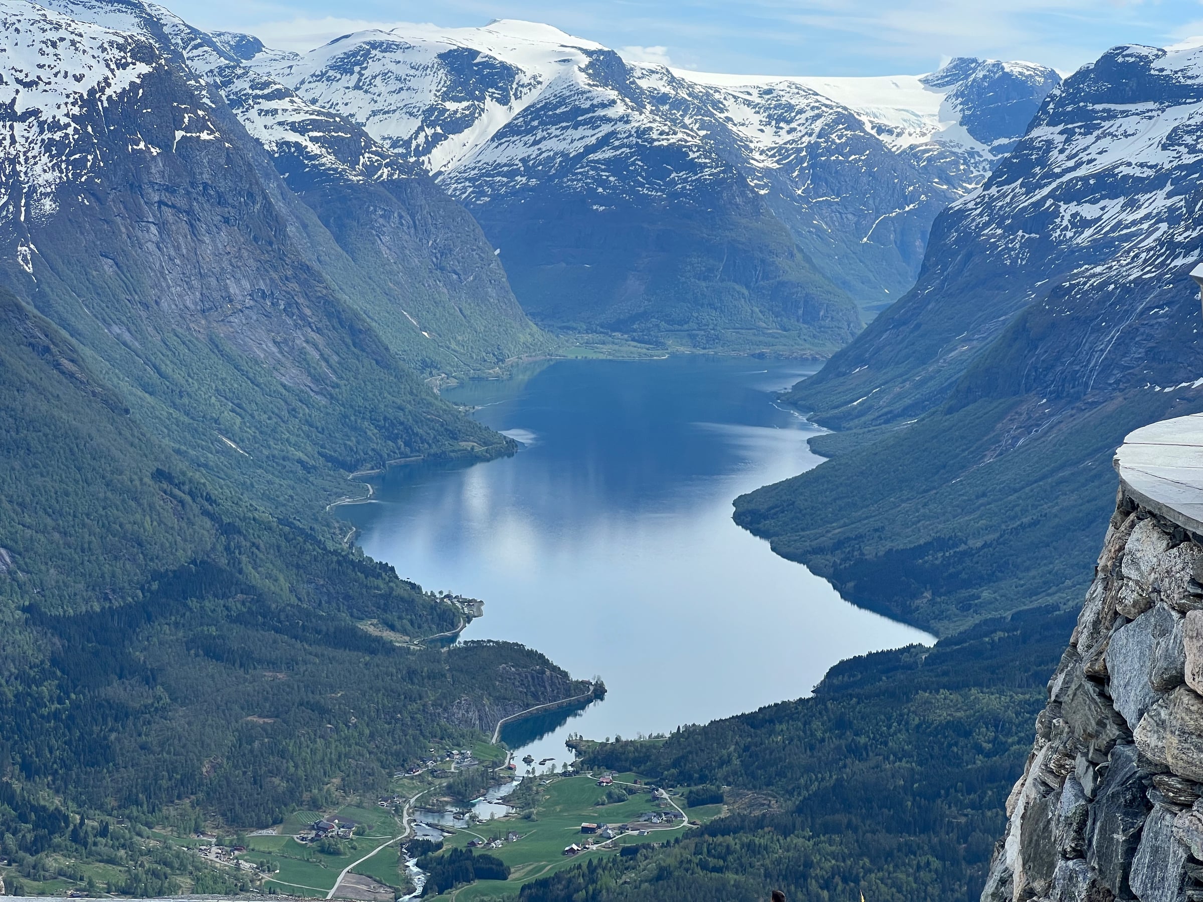 The fjord and snow-covered mountains from Loen Skylift.