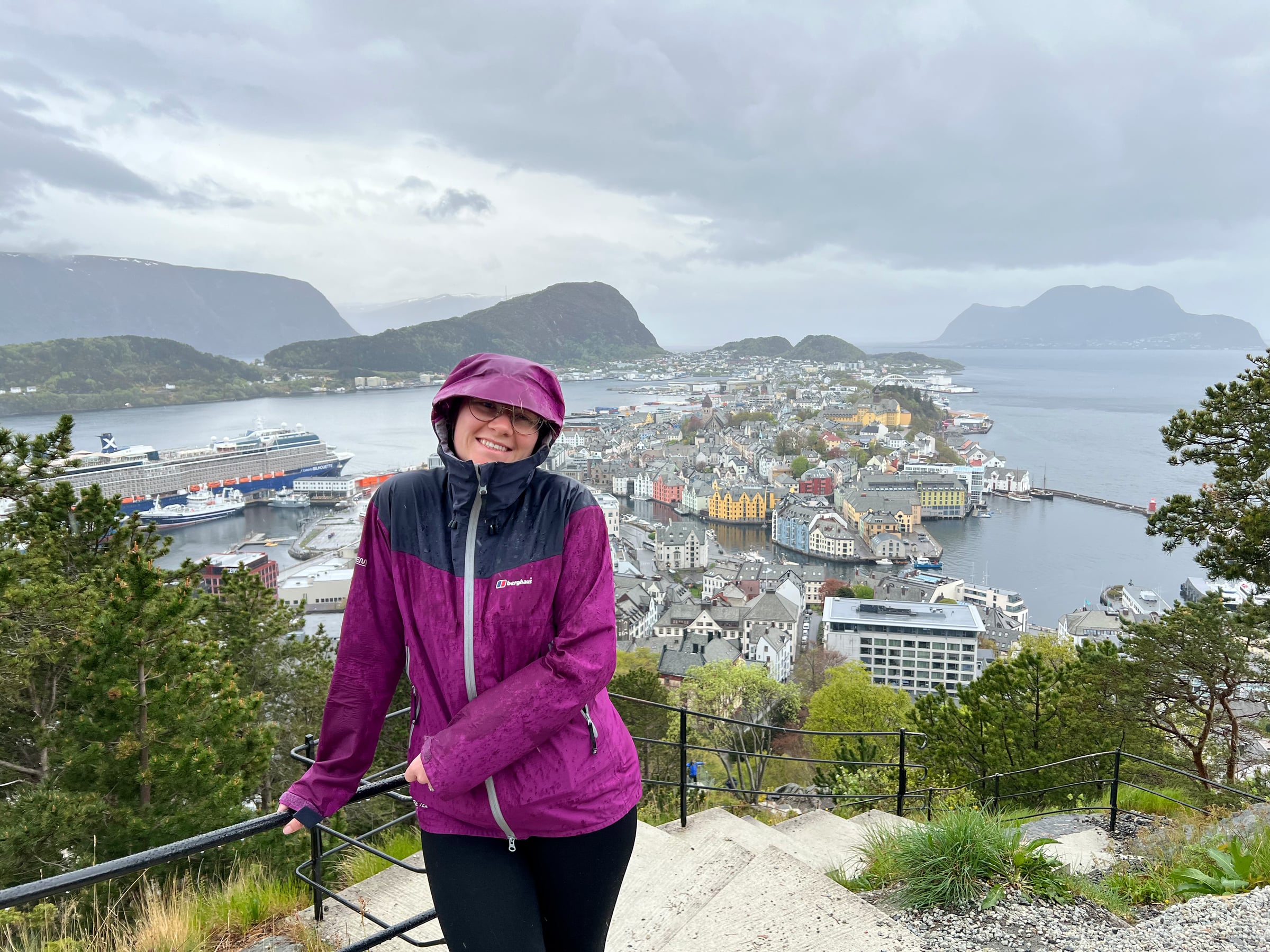 Lucy above Ålesund after the climb.
