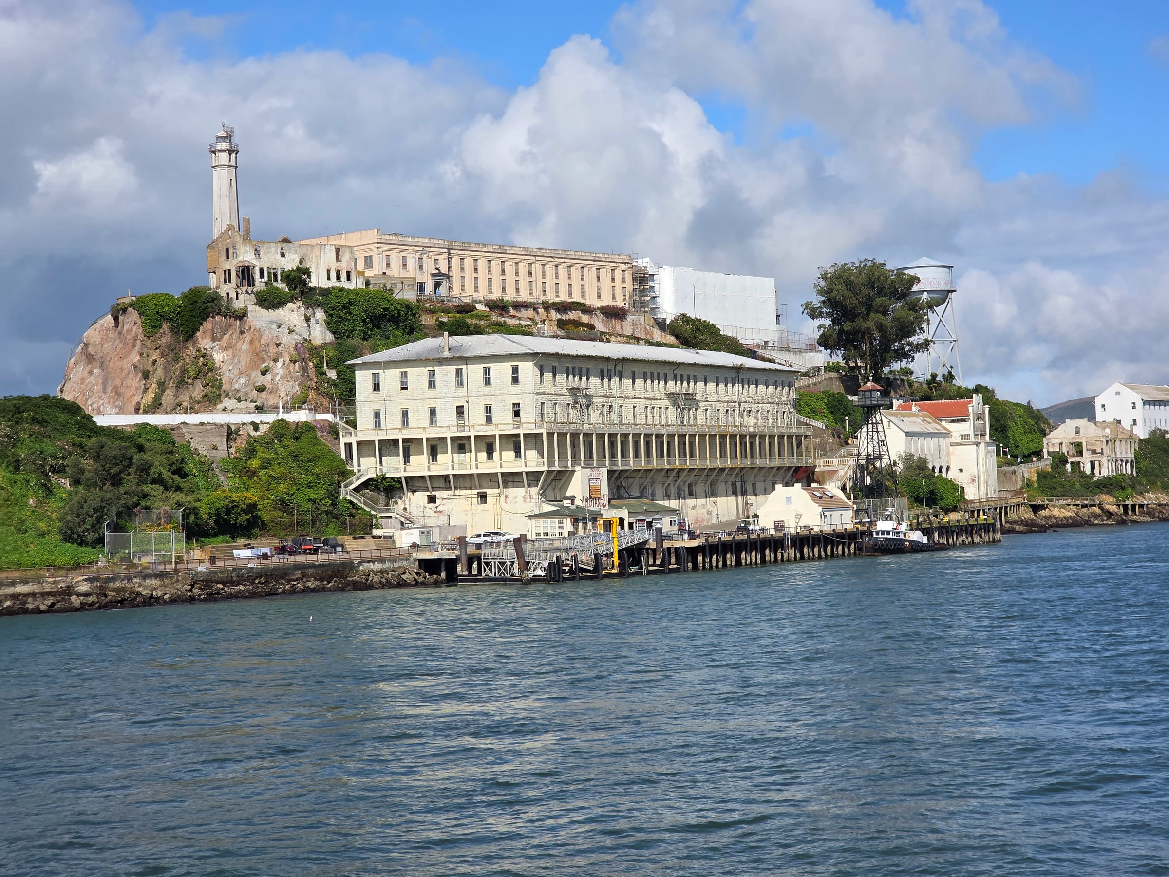 Approaching Alcatraz by boat.