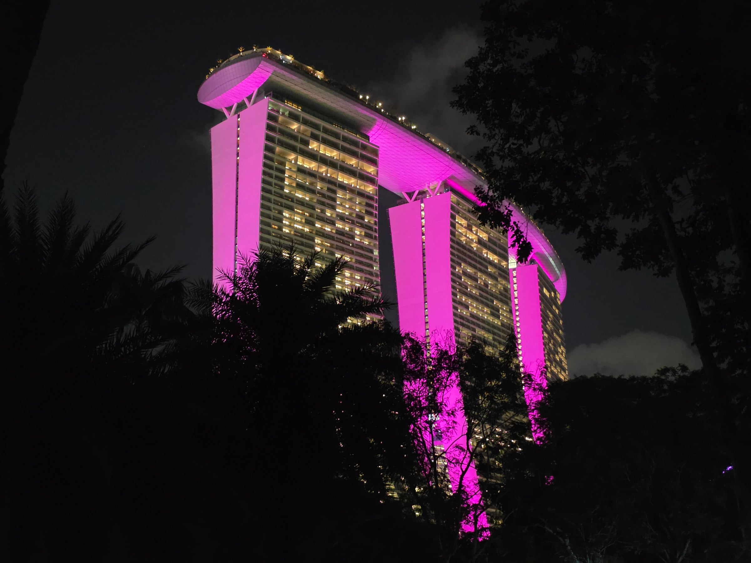 Marina Bay Sands lit up pink.